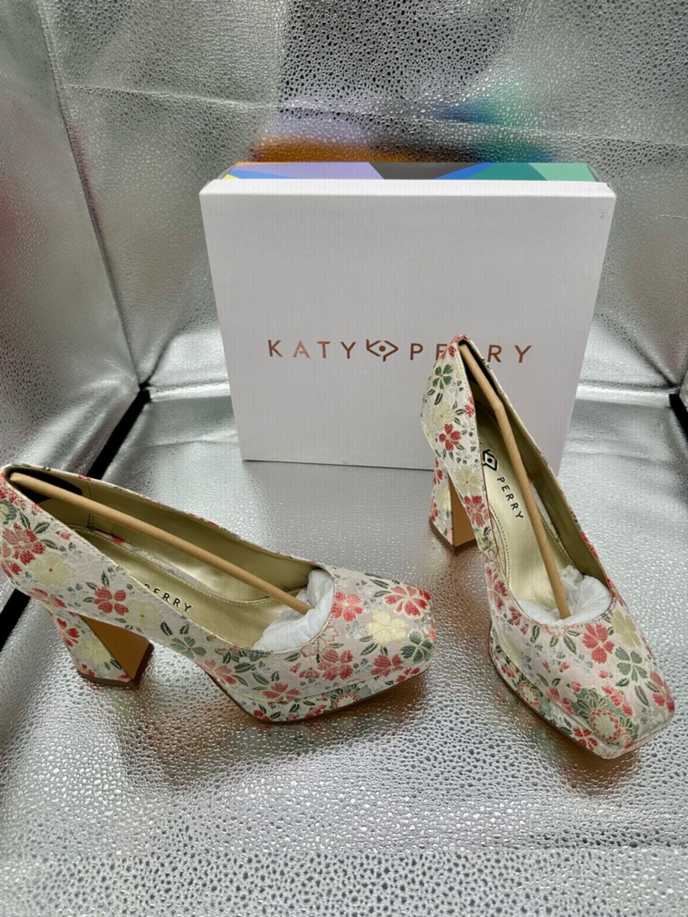 Katy Perry Collections Cream Floral Block Heel Pumps with Pink Accents